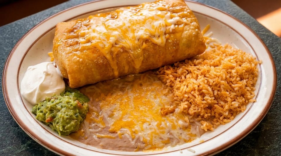 Golden-fried chimichanga covered in melted cheese, served with rice, refried beans, guacamole, and sour cream.