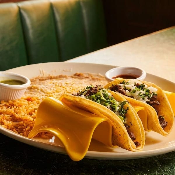 Three beef tacos with rice, beans, and sauces on a plate at a restaurant booth.