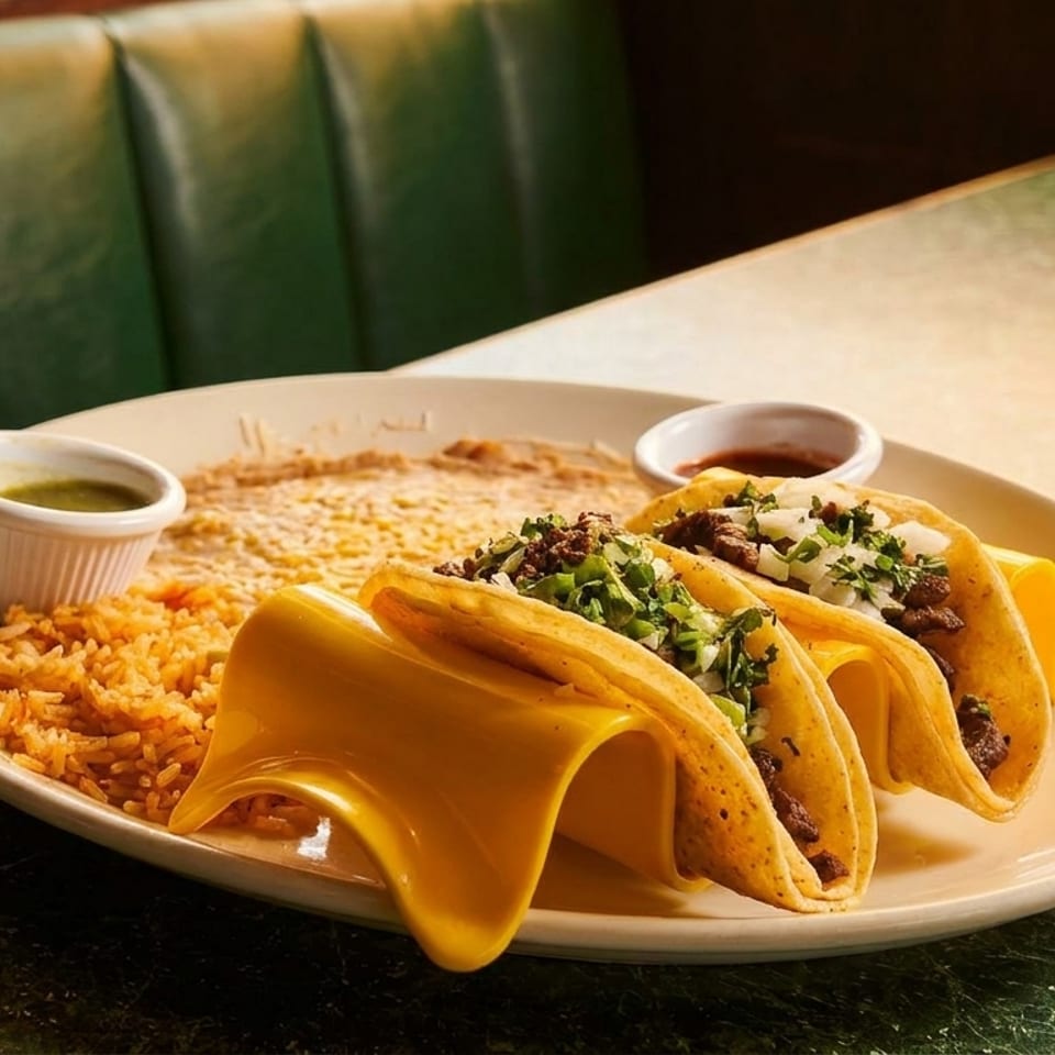 Three tacos with rice, beans, and sauces on a plate at a restaurant booth.