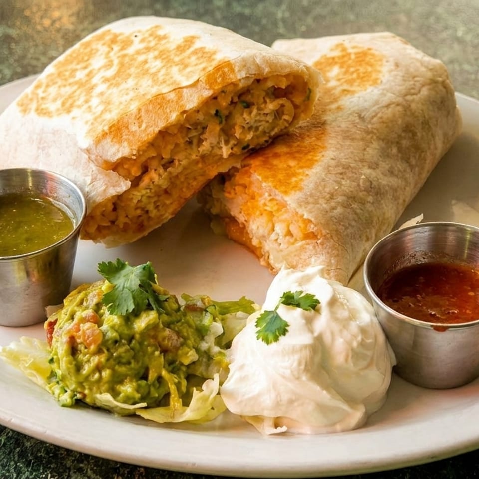 Two burritos, one cut in half, with sides of guacamole, sour cream, green salsa, and red salsa.
