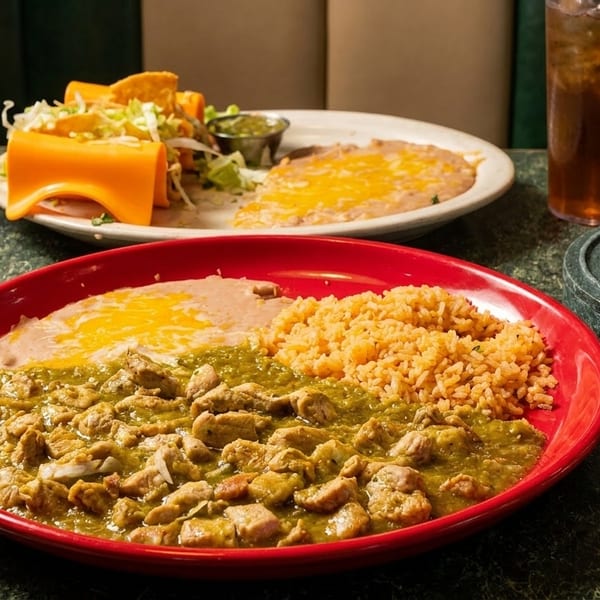 A red plate of green chile stew, rice, and beans, with tacos and iced tea in the background.