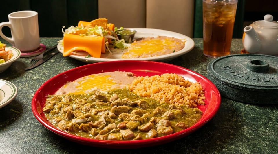 Plates of Mexican food, including chili verde, rice, beans, and tacos, on a green speckled table.
