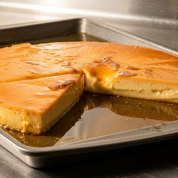 Round flan with a slice removed, sitting in a metal baking pan with caramel sauce.