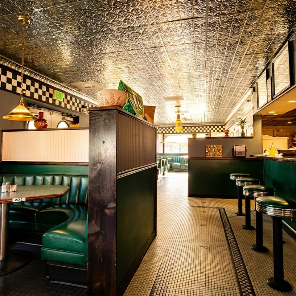 Retro diner interior with green booths, checkered trim, and a long counter with stools.