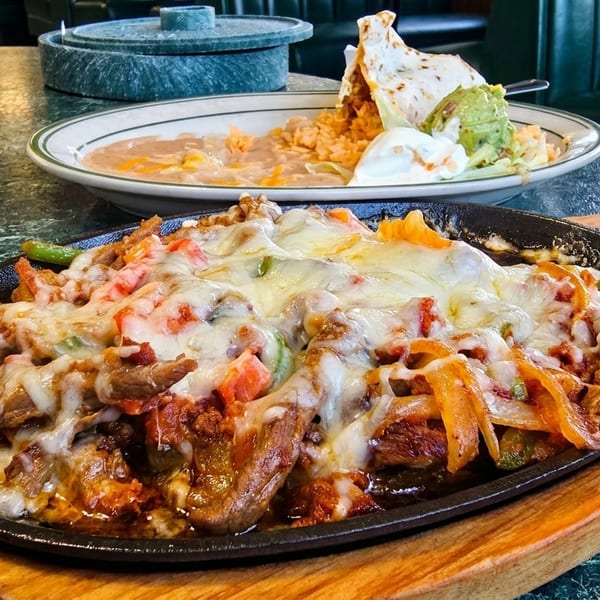 Sizzling fajitas with melted cheese, peppers, and onions, served with rice and beans.