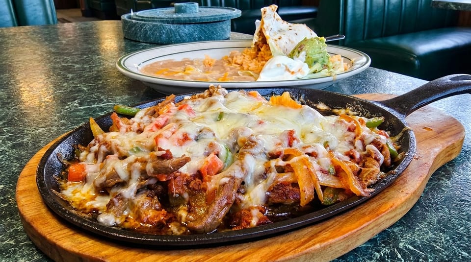 Sizzling fajitas with melted cheese, peppers, and onions, with a side of rice and beans.